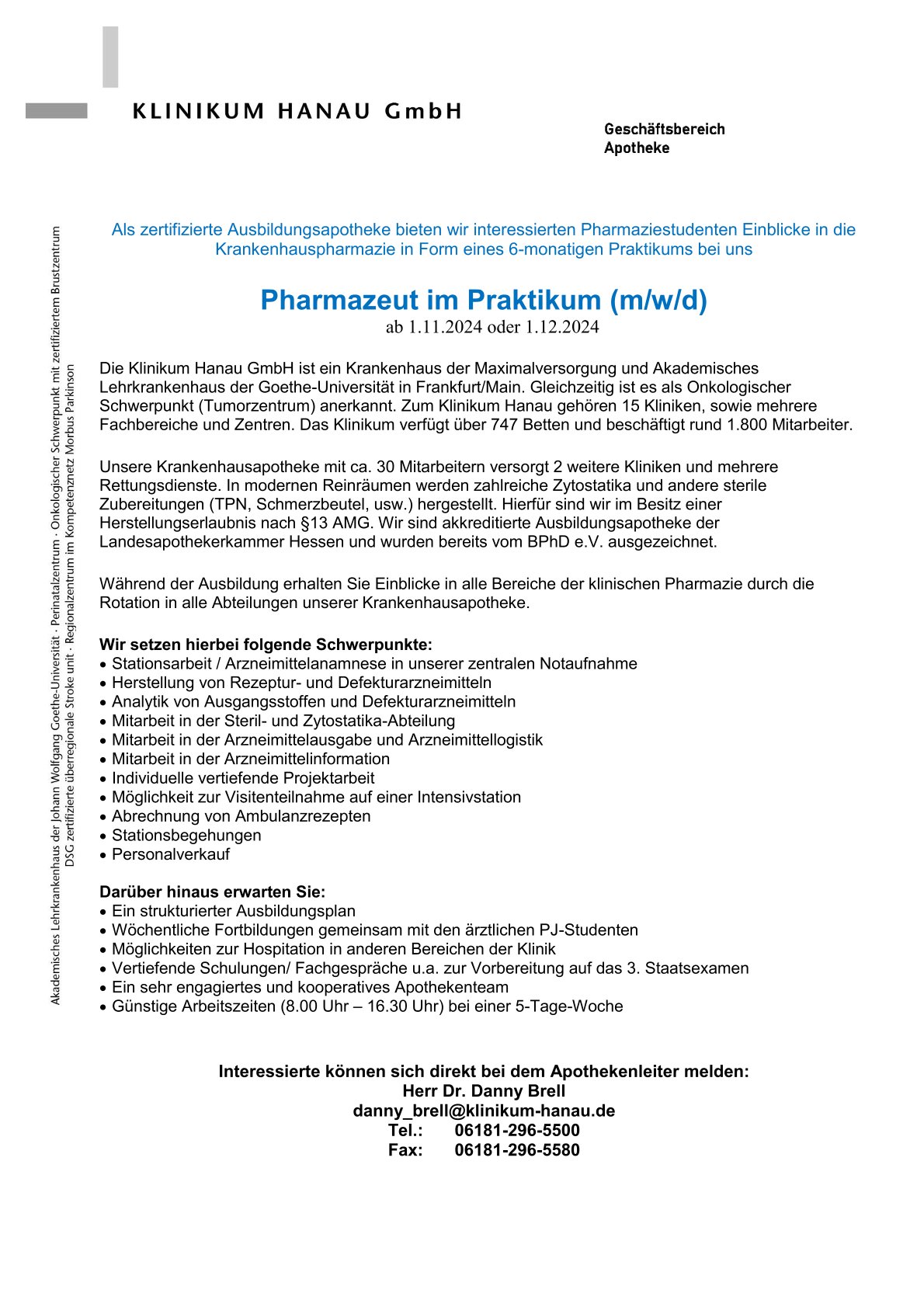 Mehr über den Artikel erfahren Pharmazeut im Praktikum (m/w/d) ab 1.11.2024 oder 1.12.2024